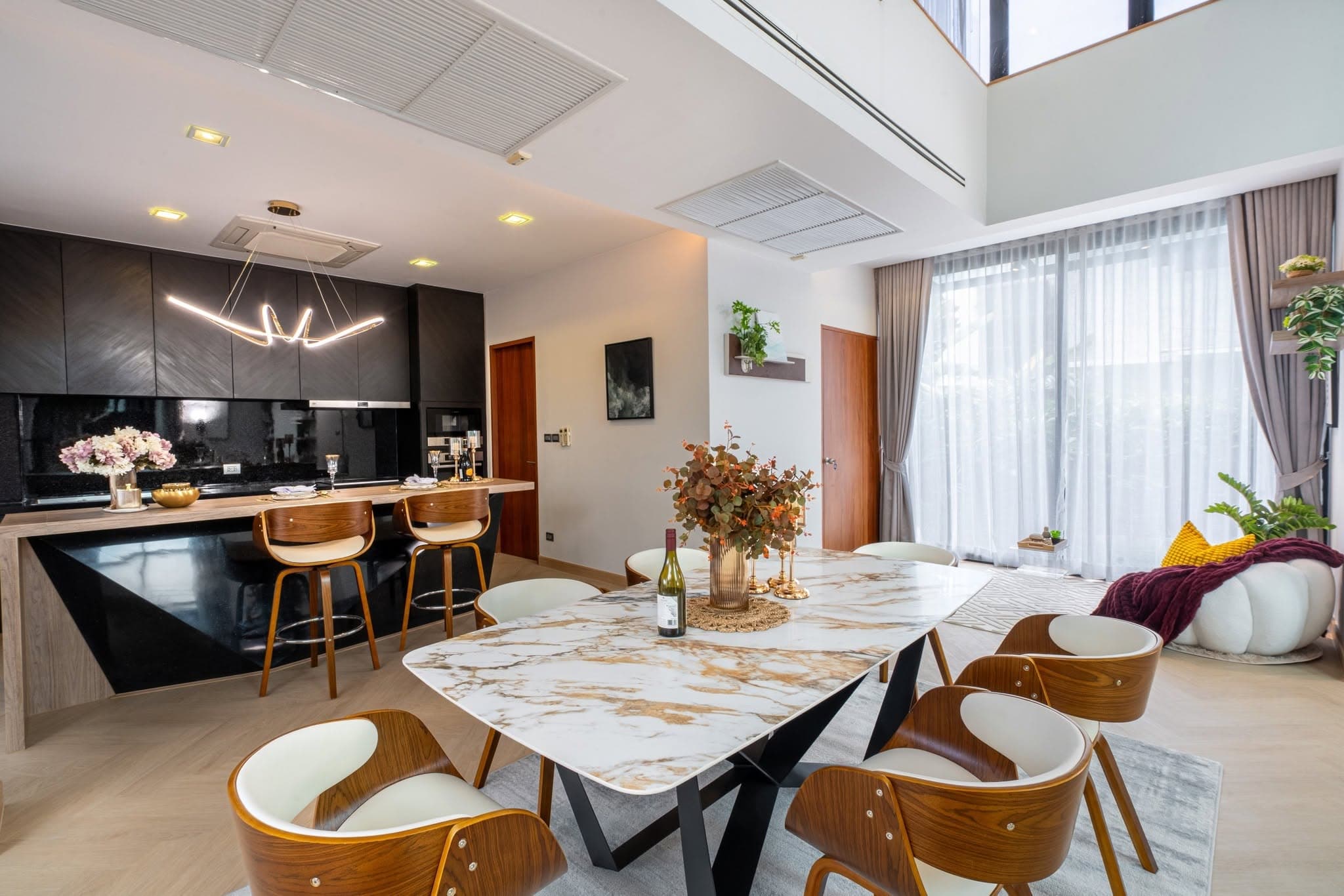 Marble-top dining table for entertaining