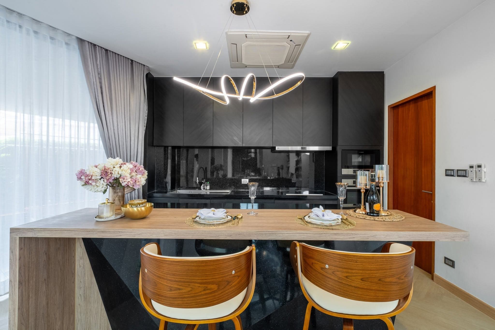 European kitchen with island seating