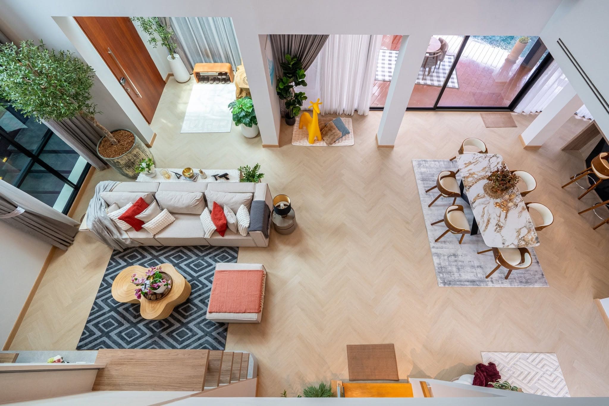 View down over the living room from the upper mezzanine